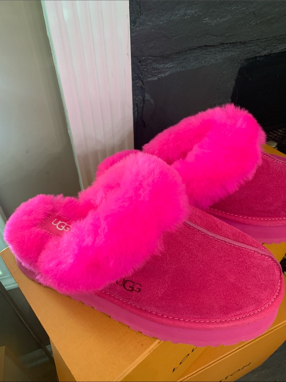 UGG Hot Pink Suede Shearling Clog Slippers - Picture 2 of 10